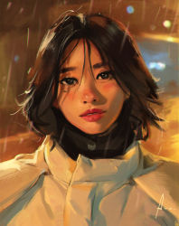 Rule 34 | 1girl, asian, avvart, blush, brown eyes, brown hair, commentary, english commentary, hair between eyes, jacket, lens flare, mole, mole under eye, original, parted lips, portrait, procreate (medium), realistic, short hair, snowing, solo, thick lips, white jacket