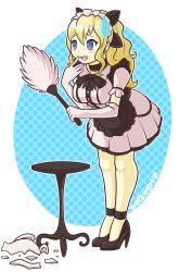 Rule 34 | 10s, 1girl, :d, accident, alternate costume, artist name, blind, blonde hair, blue eyes, bow, breasts, broken, cleaning, covering own mouth, duster, elbow gloves, enmaided, failure, feather duster, gloves, hair bow, hand over own mouth, high heels, highres, katawa shoujo, leaning forward, legs, long hair, maid, maid headdress, medium breasts, melangetic, open mouth, pantyhose, ponytail, satou lilly, shards, simple background, smile, solo, sweatdrop, table, vase, white gloves