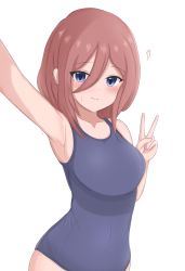 Rule 34 | armpits, arms up, blue eyes, blue one-piece swimsuit, blush, brown hair, go-toubun no hanayome, heart, highres, long hair, looking at viewer, nakano miku, one-piece swimsuit, ryzeon, school swimsuit, selfie, sweat, swimsuit, v, white background