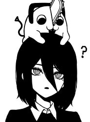 Rule 34 | 1girl, :3, ?, absurdres, animal, animal on head, black hair, chainsaw, chainsaw man, fangs, greyscale, hair between eyes, highres, looking at viewer, mole, monochrome, nayuta (chainsaw man), on head, pochita (chainsaw man), ringed eyes, short hair, simple background, white background, yones81239278