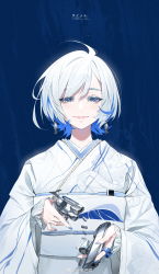 Rule 34 | 1girl, absurdres, blue background, blue eyes, blue hair, blue nails, chinese commentary, closed mouth, commentary request, earrings, gun, handgun, highres, holding, holding gun, holding weapon, japanese clothes, jewelry, kimono, looking at viewer, mole, mole under eye, multicolored hair, nail polish, obi, original, print kimono, revolver, sash, signature, silver hair, smile, snake print, solo, streaked hair, tizibade, translation request, weapon, weibo watermark, white kimono