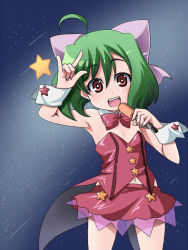 Rule 34 | 00s, 1girl, :d, ahoge, aiai, bare shoulders, bow, bowtie, brown eyes, green hair, hair bow, holding, macross, macross frontier, microphone, navel, open mouth, ranka lee, skirt, smile, solo, star (symbol), wrist cuffs