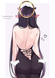 Rule 34 | 1girl, absurdres, arms at sides, artist name, ass, back, back focus, backless dress, backless outfit, bare shoulders, black dress, blush, butt crack, contrapposto, cowboy shot, cross-laced clothes, cross-laced dress, dress, ear blush, english text, extra ears, from behind, hair over shoulder, halo, heart, highres, hololive, hololive english, long hair, looking ahead, low wings, nape, narrow waist, ninomae ina&#039;nis, ninomae ina&#039;nis (1st costume), pointy ears, purple hair, short dress, shoulder blades, simple background, solo, sparkle, very long hair, virtual youtuber, wide hips, wings, zarinazmi