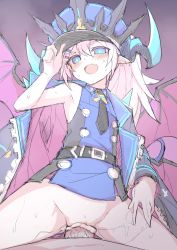 Rule 34 | 1girl, armpits, bad id, bad twitter id, blush, cloak, crown, cum, cum in pussy, demon girl, elsword, fang, hair ornament, hairclip, hat, horns, inactive account, luciela r. sourcream, necktie, peaked cap, penis, ponytail, pussy, sex, sketch, sleeveless, solo focus, sweat, timoria (elsword), uncensored, waero, wings