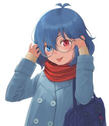 Rule 34 | 1girl, adjusting eyewear, alternate costume, antenna hair, bag, bag charm, bespectacled, blue coat, blue eyes, blue hair, buttons, charm (object), coat, commentary request, contemporary, double-breasted, glasses, grey-framed eyewear, hair between eyes, handbag, hands up, heterochromia, highres, kitano (kitanosnowwhite), long sleeves, looking at viewer, red eyes, red scarf, round eyewear, scarf, school bag, simple background, sleeves past wrists, smile, solo, tatara kogasa, tongue, tongue out, touhou, upper body, white background