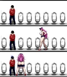 Rule 34 | 1boy, 1girl, ass, big hair, clothes pull, crop top, denim, denim shorts, final fight, hat, height difference, high heels, highres, implied futanari, long hair, meme, midriff, nervous, nofuture, peaked cap, pink hair, poison (final fight), red footwear, short shorts, shorts, shorts pull, simple background, spiked hair, street fighter, tank top, thick thighs, thighs, toned, urinal, urinal etiquette (meme), urinal use, very long hair, walking, white background, white tank top