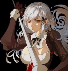 Rule 34 | 1girl, ahoge, azur lane, black background, breasts, brown gloves, brown jacket, cleavage, cleavage cutout, closed mouth, clothing cutout, dunkerque (azur lane), gloves, highres, holding, holding sword, holding weapon, jacket, lips, long hair, long sleeves, looking at viewer, rapier, red eyes, solo, sword, tomatolover16, weapon, white hair