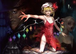 Rule 34 | 1girl, aged up, bare shoulders, blonde hair, blood, bow, character request, claws, cross, crystal, female focus, flandre scarlet, hat, hat bow, high heels, highres, kneeling, outstretched arm, screaming, shoes, solo, strap slip, sukya, teeth, thighhighs, torn clothes, torn legwear, torn thighhighs, touhou, vampire, white thighhighs, wings