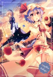 Rule 34 | 2girls, apple, apron, ascot, bat wings, blue hair, commentary request, cover, dutch angle, flower, food, frilled apron, frills, fruit, grass, hat, hat ribbon, house, izayoi sakuya, juliet sleeves, kirero, long sleeves, looking at viewer, maid, maid apron, maid headdress, mob cap, multiple girls, open mouth, pointy ears, puffy sleeves, red ascot, red ribbon, remilia scarlet, ribbon, short hair, silver hair, sky, smile, touhou, translation request, tree, wings, wrist cuffs