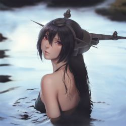 Rule 34 | 1girl, back, bad id, bad pixiv id, bare shoulders, bikini, black bikini, black hair, blurry, blurry background, blush, breasts, closed mouth, day, from behind, hair between eyes, head tilt, headgear, highres, kantai collection, long hair, looking at viewer, looking back, medium breasts, miura-n315, nagato (kancolle), outdoors, partially submerged, realistic, red eyes, ripples, shiny skin, shoulder blades, sidelocks, solo, swimsuit, upper body, water, wet