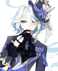 Rule 34 | 1girl, absurdres, artist name, ascot, black ascot, black gloves, black shirt, blue bow, blue eyes, blue gemstone, blue hair, bow, collared jacket, crystal, furina (genshin impact), gem, genshin impact, gloves, hair between eyes, hand up, hat, hat bow, hat ornament, hat ribbon, heterochromia, highres, jacket, long hair, long sleeves, looking to the side, mismatched pupils, multicolored hair, open mouth, ponytail, purple hat, purple jacket, ribbon, shirt, simple background, smile, solo, standing, top hat, two-tone hair, uwie, watermark, white background, white hair, white ribbon