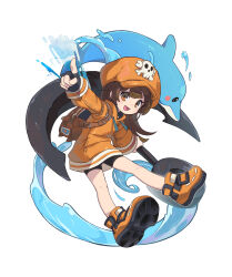 Rule 34 | 1girl, :d, absurdres, anchor, bike shorts, black gloves, black shorts, brown bag, brown hair, cabbie hat, dolphin, fingerless gloves, full body, gloves, guilty gear, hat, highres, hood, hoodie, index finger raised, long hair, long sleeves, may (guilty gear), morizo (morizoshop), mr. dolphin (guilty gear), open mouth, orange eyes, orange footwear, orange hat, orange hoodie, raised eyebrow, shoes, shorts, simple background, skull and crossbones, smile, solo, twitter username, water, white background