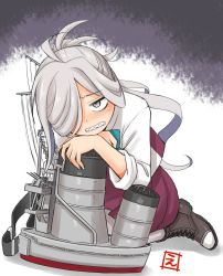 Rule 34 | 1girl, ahoge, asashimo (kancolle), boots, clenched teeth, commentary request, cross-laced footwear, ebifly, full body, grey eyes, grey pantyhose, hair over one eye, halterneck, kantai collection, kneeling, lace-up boots, long hair, machinery, pantyhose, ponytail, school uniform, sharp teeth, shirt, silver hair, solo, teeth, white shirt