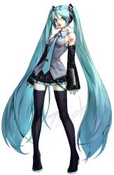 Rule 34 | 1girl, aqua eyes, aqua hair, aqua nails, aqua necktie, bare shoulders, between breasts, black footwear, black skirt, boots, breasts, closed mouth, collared shirt, detached sleeves, grey shirt, hair between eyes, hatsune miku, headset, highres, legs apart, long hair, looking at viewer, miniskirt, nail polish, necktie, necktie between breasts, number tattoo, pleated skirt, shirt, shoulder tattoo, signature, simple background, skirt, sleeves past wrists, smile, solo, standing, tattoo, thigh boots, thighhighs, tie clip, twintails, untucked shirt, very long hair, vocaloid, white background, wz (woyzeck), zettai ryouiki
