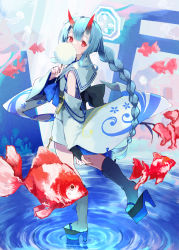 Rule 34 | absurdres, blue archive, blue hair, chise (blue archive), commentary request, cotton candy, detached sleeves, fingerless gloves, fish, full body, gloves, hair between eyes, halo, highres, horns, japanese clothes, long hair, long sleeves, looking at viewer, oni horns, platform clogs, red eyes, shoes, solo, tokorinowa, torii