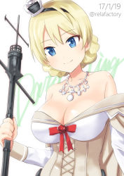 Rule 34 | 10s, 1girl, bare shoulders, blonde hair, blue eyes, braid, breasts, character name, cleavage, collarbone, corset, cosplay, crown, darjeeling (girls und panzer), dated, dress, girls und panzer, jewelry, kantai collection, looking at viewer, medium breasts, mini crown, necklace, off-shoulder dress, off shoulder, red ribbon, relafactory, ribbon, shiny skin, smile, solo, staff, twin braids, twitter username, upper body, warspite (kancolle), warspite (kancolle) (cosplay)