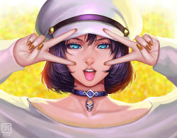 Rule 34 | 1girl, 2016, bad id, bad pixiv id, blue eyes, choker, collarbone, dated, double v, hat, heart, lieqi hun, lips, long sleeves, looking at viewer, nail polish, original, portrait, skull, solo, upper body, v, v over eye, yellow nails