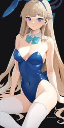 Rule 34 | 1girl, animal ears, aqua bow, aqua bowtie, blue archive, blue eyes, blue leotard, bow, bowtie, breasts, detached collar, earpiece, fake animal ears, futsukayoi, halo, highleg, highleg leotard, highres, leotard, long hair, looking at viewer, medium breasts, official alternate costume, parted lips, playboy bunny, rabbit ears, simple background, solo, strapless, strapless leotard, thighhighs, toki (blue archive), toki (bunny) (blue archive), twitter username, very long hair, white thighhighs, white wrist cuffs, wrist cuffs