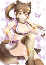 Rule 34 | 10s, 1girl, :3, :d, absurdres, animal ears, argyle, argyle background, argyle clothes, blush, bracelet, breasts, brown hair, brown thighhighs, cleavage, commentary, extra ears, fang, fur collar, hand to own mouth, highres, indian wolf (kemono friends), japari symbol, jewelry, kanzakietc, kemono friends, large breasts, light brown legwear, long hair, looking at viewer, open mouth, orange hair, panties, ponytail, skirt, smile, solo, tail, thighhighs, underwear, v-shaped eyebrows, white panties, wolf ears, wolf tail