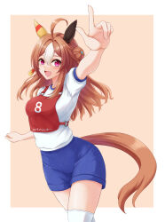 Rule 34 | 1girl, ahoge, animal ears, blue shorts, brown background, brown hair, character name, commentary, copano rickey (umamusume), cowboy shot, ear covers, gym shirt, gym shorts, gym uniform, hair bun, highres, horse ears, horse girl, horse tail, index finger raised, kemuri (etep3372), long hair, looking at viewer, multicolored hair, open mouth, purple eyes, race bib, shirt, short sleeves, shorts, smile, solo, standing, t-shirt, tail, thighhighs, translated, two-tone hair, umamusume, white hair, white shirt, white thighhighs