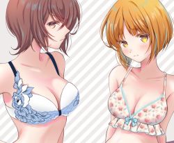 Rule 34 | 2girls, arms behind back, blue bra, blush, bow, bow bra, bra, breasts, brown eyes, brown hair, cleavage, closed mouth, diagonal stripes, embroidered bra, floral print, frilled bra, frills, frown, girls und panzer, grey background, hand on own hip, head tilt, highres, lace, lace-trimmed bra, lace trim, looking at viewer, medium breasts, multiple girls, nishizumi maho, nishizumi miho, parted lips, print bra, sheepd, short hair, siblings, sisters, striped, striped background, underwear, underwear only
