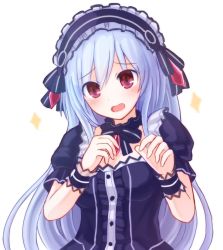 Rule 34 | 1girl, blush, bow, fairy fencer f, frills, hairband, lolita hairband, long hair, looking at viewer, open mouth, red eyes, ribbon, suta (clusta), tiara (fairy fencer f), white hair