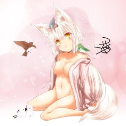 Rule 34 | 1girl, animal ear fluff, animal ears, bird, blush, breasts, cleavage, collarbone, commentary request, crotch, fox ears, fox tail, head tilt, kohaku (yua), long hair, medium breasts, navel, no panties, nude, original, pink background, signature, sitting, sketch, solo, tail, white hair, yellow eyes, yua (checkmate)