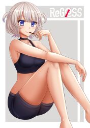 Rule 34 | 1girl, bare arms, bare legs, bare shoulders, black choker, black shorts, blue eyes, blush, breasts, choker, closed mouth, collarbone, commentary, feet out of frame, food, grey background, grey hair, highres, holding, holding food, hololive, hololive dev is, kazenokaze, knees up, looking at viewer, medium breasts, multicolored hair, pocky, purple hair, short hair, short shorts, shorts, sitting, smile, solo, streaked hair, todoroki hajime, two-tone background, two side up, virtual youtuber, white background
