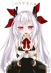 Rule 34 | 1girl, :d, arms behind back, azur lane, belt, bikini, bikini top only, black bikini, bow, bowtie, commentary request, detached collar, detached sleeves, fangs, hair ribbon, highres, koda (kodadada), long hair, looking at viewer, open mouth, red eyes, ribbon, simple background, smile, solo, swimsuit, translation request, twintails, vampire (azur lane), white background, white hair