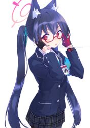 Rule 34 | 1girl, animal ear fluff, animal ears, aqua ribbon, armband, bespectacled, black gloves, black hair, black jacket, blazer, blue archive, commentary request, glasses, gloves, hair ribbon, halo, headset, highres, id card, jacket, kyuuri (miyako), long hair, looking at viewer, parted lips, plaid, plaid skirt, pleated skirt, red-framed eyewear, red eyes, red gloves, ribbon, school uniform, serika (blue archive), skirt, solo, twintails, very long hair, watch, white background, wristwatch