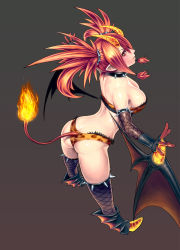 Rule 34 | 1girl, ass, bent over, breasts, character request, cleavage, demon girl, demon horns, demon tail, demon wings, envenomist (gengoroumaru), fire, highres, horns, large breasts, looking at viewer, lucent heart, red eyes, red hair, short hair, solo, tail, thighhighs, twintails, wings
