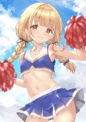 1girl alternate_costume armpits ayamiyuki bare_arms black_sports_bra blonde_hair blush braid breasts cheerleader collarbone commentary_request cropped_shirt fujita_kotone gakuen_idolmaster hair_ribbon holding holding_pom_poms idolmaster long_hair looking_at_viewer midriff miniskirt navel outdoors pleated_skirt pom_pom_(cheerleading) pom_poms ribbon shirt skirt sleeveless sleeveless_shirt small_breasts smile solo sports_bra sports_bra_peek stomach twin_braids underwear yellow_eyes