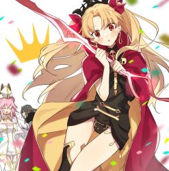 Rule 34 | 1boy, 2girls, animal ear fluff, animal ears, asymmetrical legwear, asymmetrical sleeves, black leotard, black thighhighs, blonde hair, blush, brown hair, cape, closed eyes, commentary request, confetti, diamond hairband, dress, earrings, ereshkigal (fate), fate/grand order, fate (series), floating hair, fur-trimmed cape, fur trim, gold trim, hair ribbon, hat, holding, holding weapon, hood, hood down, hooded cape, jewelry, kabutomushi s, koyanskaya (assassin) (third ascension) (fate), koyanskaya (fate), leotard, long hair, long sleeves, looking at viewer, meslamtaea (weapon), multiple girls, oberon (fate), oberon (third ascension) (fate), open mouth, parted bangs, pink hair, rabbit ears, red cape, red eyes, red ribbon, ribbon, short hair, single sleeve, single thighhigh, skull, smile, spine, tamamo (fate), thighhighs, tiara, two-tone cape, two side up, uneven legwear, uneven sleeves, very long hair, weapon, white background, white dress, white headwear, yellow cape