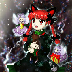 Rule 34 | 1girl, :d, animal, animal ears, bell, black bow, black dress, bow, box, braid, cat, cat ears, chen, chen (cat), dress, fairy, gift, gift box, hair bow, holding, holding animal, holding cat, holly, kaenbyou rin, long hair, long sleeves, lowres, medinki, multiple hair bows, nekomata, official style, open mouth, red eyes, red hair, smile, teeth, touhou, twin braids, upper teeth only, zombie fairy (touhou), zun (style)