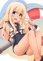 Rule 34 | 10s, 1girl, absurdres, bad id, bad pixiv id, blonde hair, blue eyes, crop top, flower, hair flower, hair ornament, highres, kantai collection, kapatarou, lifebuoy, long hair, one-piece tan, ro-500 (kancolle), sailor collar, school swimsuit, solo, swim ring, swimsuit, swimsuit under clothes, tan, tanline, torpedo