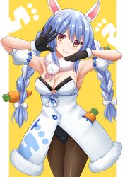 Rule 34 | 1girl, :q, animal ear fluff, animal ears, armpits, bare shoulders, black gloves, black leotard, blue hair, blush, bow, braid, breasts, brown pantyhose, carrot hair ornament, cleavage, closed mouth, commentary, detached sleeves, don-chan (usada pekora), dress, food-themed hair ornament, fur-trimmed dress, fur-trimmed gloves, fur trim, gloves, hair between eyes, hair bow, hair ornament, hands up, head tilt, highres, hololive, kazenokaze, leotard, long hair, looking at viewer, medium breasts, multicolored hair, pantyhose, puffy short sleeves, puffy sleeves, rabbit ears, red eyes, short eyebrows, short sleeves, smile, solo, strapless, strapless dress, strapless leotard, thick eyebrows, tongue, tongue out, twin braids, twintails, two-tone background, two-tone hair, usada pekora, usada pekora (1st costume), very long hair, virtual youtuber, white background, white bow, white dress, white hair, white sleeves, yellow background