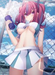 Rule 34 | 1girl, absurdres, azur lane, bare arms, bare shoulders, blurry, bottle, breasts, bremerton (azur lane), bremerton (scorching-hot training) (azur lane), chain-link fence, cloud, cowboy shot, crop top, crop top overhang, day, depth of field, fence, hair ornament, hairclip, highres, holding, large breasts, lens flare, long hair, looking at viewer, midriff, miniskirt, multicolored hair, navel, no bra, outdoors, pink eyes, pleated skirt, red hair, sapphire (sapphire25252), shirt, sidelocks, skirt, sleeveless, sleeveless shirt, solo, sportswear, standing, stomach, sunlight, sweat, tennis uniform, twintails, two-tone hair, underboob, white shirt, white skirt, x hair ornament