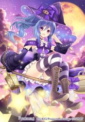 Rule 34 | 1girl, :d, bad id, bad twitter id, black sleeves, blue hair, boots, bow, broom, broom riding, brown footwear, choker, cloud, corset, detached sleeves, floating hair, full body, full moon, hair between eyes, hand in own hair, hat, hat bow, long hair, long sleeves, looking at viewer, miniskirt, moon, nozomi fuuten, open mouth, outdoors, pleated skirt, ponytail, print sleeves, pumpkin hat ornament, purple bow, purple eyes, purple hat, purple sky, shoe soles, skirt, sky, smile, solo, star (sky), starry sky, striped clothes, striped thighhighs, thighhighs, very long hair, white bow, white skirt, wide sleeves, witch hat, wixoss