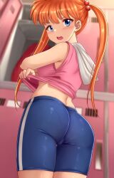 Rule 34 | 1girl, absurdres, ass, back, backpack, bag, bike shorts, blue eyes, blue shorts, blurry, blurry background, blush, commentary request, from behind, hair between eyes, highres, inaba kyouko, jigoku sensei nube, locker, locker room, long hair, looking at viewer, open mouth, orange hair, pants, pantylines, pink shirt, shirt, shorts, skywalker0610, sleeveless, sleeveless shirt, solo, standing, taut clothes, taut shorts, teeth, tight clothes, towel, twintails, undressing, upper teeth only
