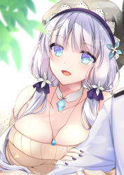 Rule 34 | 1boy, 1girl, azur lane, bare shoulders, belfast (azur lane), belfast (azur lane) (cosplay), belfast (shopping with the head maid) (azur lane), black headwear, blue eyes, blue gemstone, blurry, blurry foreground, breasts, brown sweater, cleavage, collar, commander (azur lane), cosplay, detached collar, gem, highres, illustrious (azur lane), large breasts, leaf, long hair, looking at viewer, mitsukiriko, nail polish, off-shoulder sweater, off shoulder, official alternate costume, open mouth, purple nails, simple background, sweater, tri tails, upper body, white background, white collar, white hair