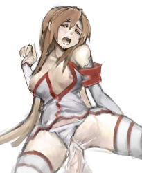 Rule 34 | 10s, 1girl, ahegao, asuna (sao), bad id, bad pixiv id, bare shoulders, breasts, brown hair, closed eyes, clothed sex, clothing aside, cum, cum in pussy, detached sleeves, drooling, large breasts, long hair, nipples, panties, panties aside, penis, ponytail, rape, riftgarret, sex, sketch, solo focus, striped clothes, striped thighhighs, sword art online, thighhighs, uncensored, underwear, vaginal, very long hair, white panties