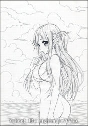 Rule 34 | 10s, 1girl, alternate breast size, artist name, ass, asuna (sao), bikini, bikini top only, black border, border, bottomless, breasts, cloud, covered erect nipples, finger to mouth, graphite (medium), greyscale, grid, huge breasts, long hair, looking at viewer, monochrome, nightmare77zx, pointy ears, sideboob, solo, swimsuit, sword art online, traditional media, underboob, water