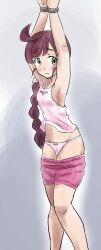 Rule 34 | 1girl, armpits, bdsm, blush, bondage, bound, bound wrists, breasts, brown hair, chloe (pokemon), creatures (company), game freak, green eyes, highres, legs, navel, nintendo, panties, pants, unworn pants, pink panties, pink shirt, pkstt, pokemon, pokemon (anime), pokemon journeys, scared, shirt, sideboob, small breasts, solo, underwear