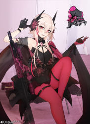 Rule 34 | 1girl, absurdres, assault rifle, black dress, black gloves, blonde hair, breasts, cup, dress, drinking glass, girls&#039; frontline, gloves, gun, headgear, highres, holding, holding cup, m4 sopmod ii, m4 sopmod ii (devourer of the feast) (girls&#039; frontline), m4 sopmod ii (girls&#039; frontline), mechanical arms, mechanical hands, multicolored hair, red eyes, red hair, rifle, single glove, single mechanical arm, single mechanical hand, sitting, small breasts, streaked hair, swimsuit, thigh strap, weapon, wine glass, wuwuwu (kriswu555)
