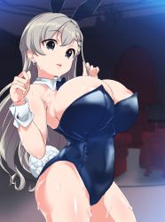 Rule 34 | 1girl, alternate breast size, animal ears, areola slip, armpits, bare shoulders, blue eyes, blurry, blurry background, blush, bow, bowtie, breasts, breasts out, detached collar, earrings, embarrassed, fake animal ears, fake tail, groin, hands up, highres, hisakawa hayate, huge breasts, idolmaster, idolmaster cinderella girls, indoors, jewelry, large breasts, legs, leotard, leotard pull, light blush, long hair, open mouth, playboy bunny, puffy areolae, rabbit ears, rabbit tail, shift (waage), solo, tail, thighs, wrist cuffs