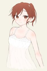 Rule 34 | 1girl, asymmetrical bangs, blush, breasts, brown hair, cropped torso, dress, futami mami, highres, idolmaster, idolmaster (classic), idolmaster million live!, ishiko (kuensan), lace, lace-trimmed dress, lace trim, looking at viewer, off-shoulder dress, off shoulder, one side up, see-through, see-through dress, small breasts, smile, solo, upper body, white background, white dress