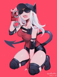 Rule 34 | 1girl, :p, aviator sunglasses, black footwear, black headwear, boots, breasts, commentary request, dated, demon girl, demon tail, eyes visible through eyewear, fingerless gloves, full body, gloves, handcuffs, helltaker, highres, holding, holding handcuffs, justice (helltaker), kneeling, long sleeves, medium breasts, noah (tettsui-sole), red background, red gloves, red shirt, shirt, simple background, solo, sunglasses, tail, teeth, tinted eyewear, tongue, tongue out, twitter username, upper teeth only
