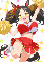 +_+ 1girl alternate_costume black_hair blush breasts cheerleader fang hair_between_eyes hair_ornament hairband highres horse_girl large_breasts leg_up looking_at_viewer marvelous_sunday_(umamusume) navel open_mouth pom_pom_(cheerleading) solo sports_bra twintails umamusume white_background yamaboshi_ryuu yellow_eyes