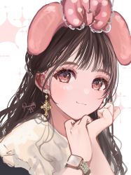 Rule 34 | 1girl, blush, bow, brown hair, closed mouth, hair bow, hair ornament, hands up, highres, long hair, looking at viewer, original, pink bow, pink eyes, puracotte, shirt, signature, smile, solo, watch, white shirt