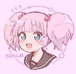 Rule 34 | 1girl, :d, black sailor collar, blue eyes, blush, character name, commentary, hair bobbles, hair ornament, jigatei (omijin), looking at viewer, open mouth, pink background, pink hair, round teeth, sailor collar, smile, solo, symbol-only commentary, teeth, twintails, upper teeth only, yoshikawa chinatsu, yuru yuri